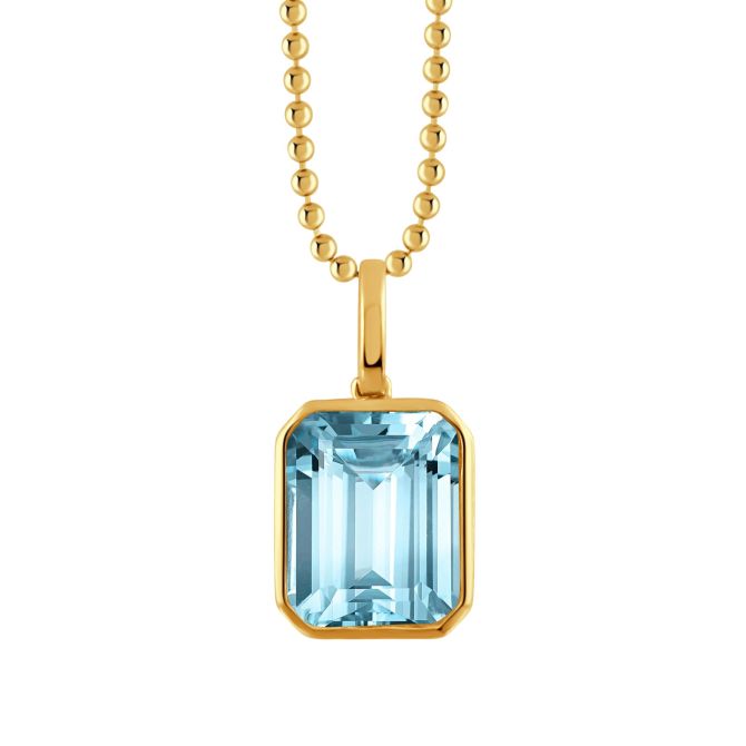 Doves Sky Blue Emerald Cut Topaz Pendant in Yellow Gold, 18"