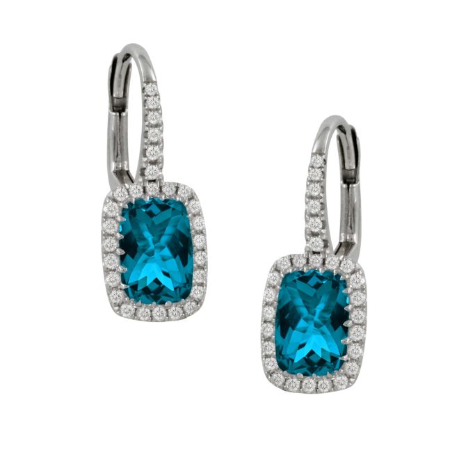 Doves London Blue Cushion Cut Topaz Diamond Halo Leverback Drop Earrings in White Gold