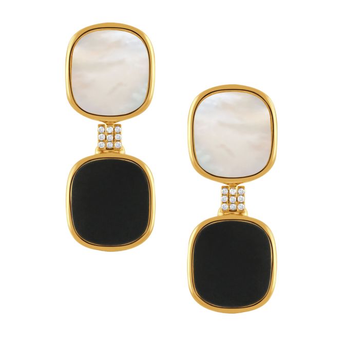 Doves Gatsby Black Onyx, White Mother of Pearl & Diamond Drop Earrings in Yellow Gold