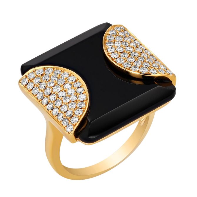 Doves Square Black Onyx Chalcedony & Diamond Ring in Yellow Gold