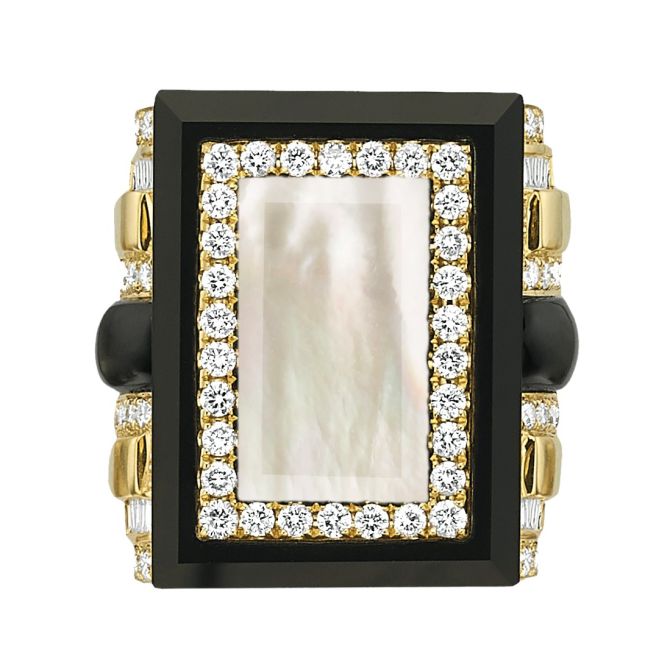 Doves Gatsby Black Onyx, White Mother of Pearl & Diamond Rectangle Cocktail Ring in Yellow Gold