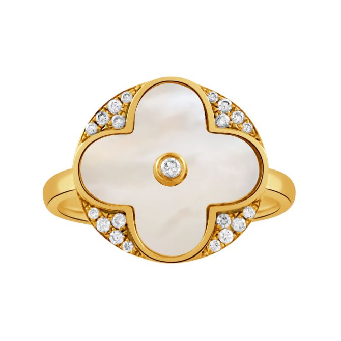 Doves Ravenna Mother of Pearl & Diamond Pave Clover Ring in Yellow Gold