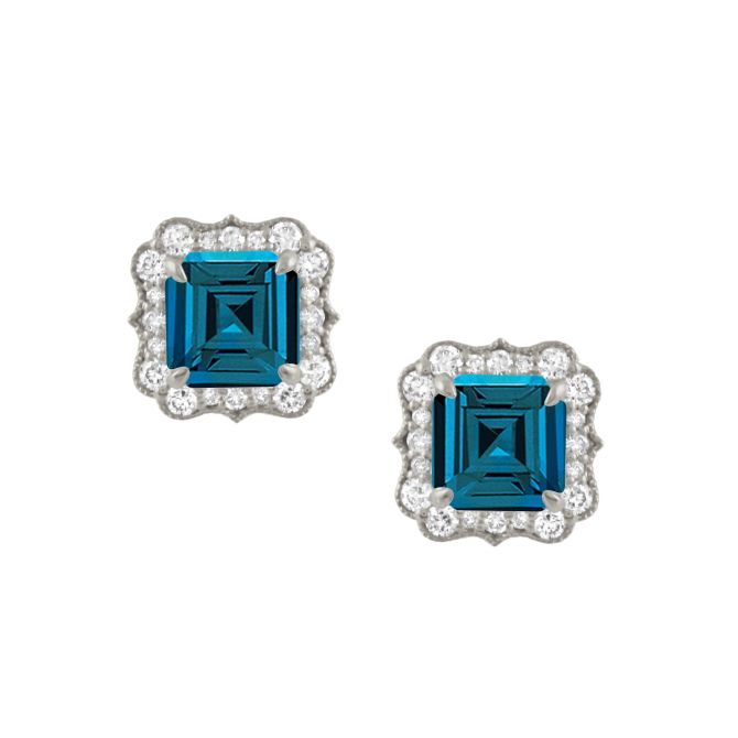 Doves London Blue Asscher Cut Topaz & Diamond Halo Stud Earrings in White Gold