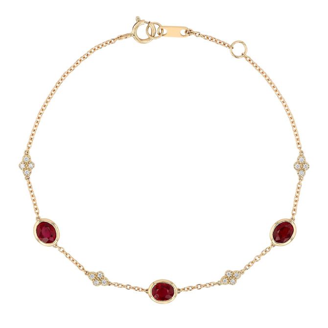 Bezel Set Oval Ruby & Diamond Cluster Station Bracelet in Yellow Gold, 7"