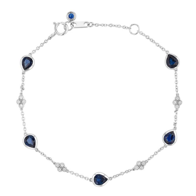 Pear Shaped Blue Sapphire & Diamond Cluster Station Bracelet in White Gold, 7"