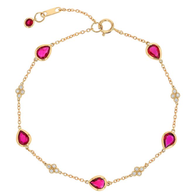 Bezel Set Pear Shape Ruby & Diamond Cluster Station Bracelet in Yellow Gold, 7"