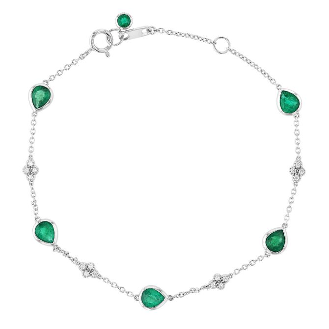 Pear Shaped Emerald & Diamond Cluster Station Bracelet in White Gold, 7"