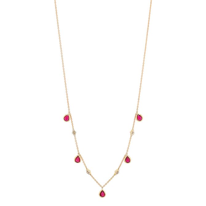 5 Pear Shaped Ruby & Diamond Cluster Station Necklace in Yellow Gold, 18"