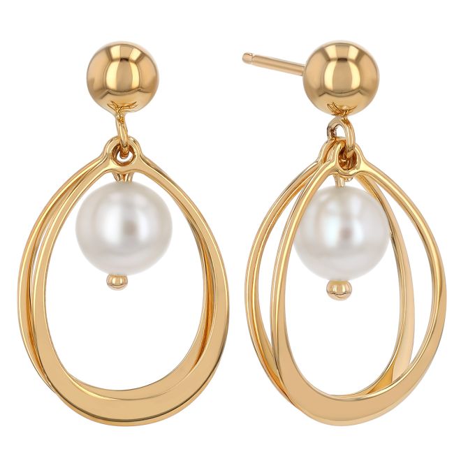 White Cultured Pearl & Open Teardrop Dangle Earrings in Yellow Gold