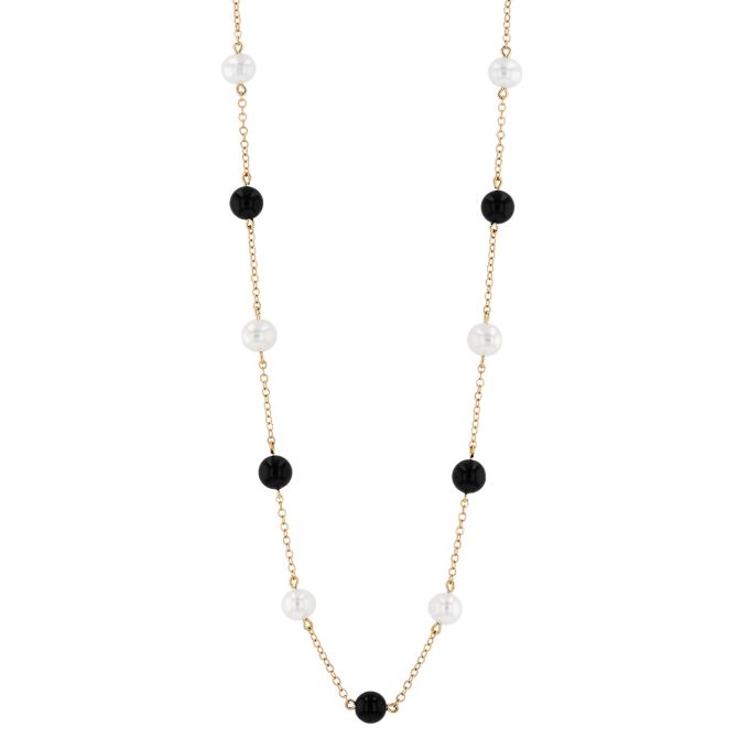 Black Onyx Chalcedony & White Cultured Pearl Station Necklace in Yellow Gold, 18"