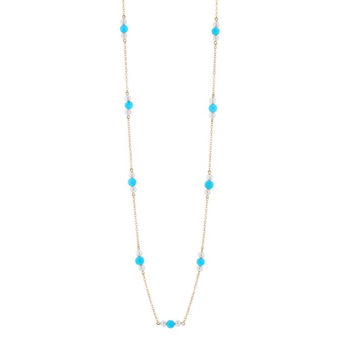 Freshwater Cultured Pearl & Turquoise Station by Yard Necklace in Yellow Gold, 18"