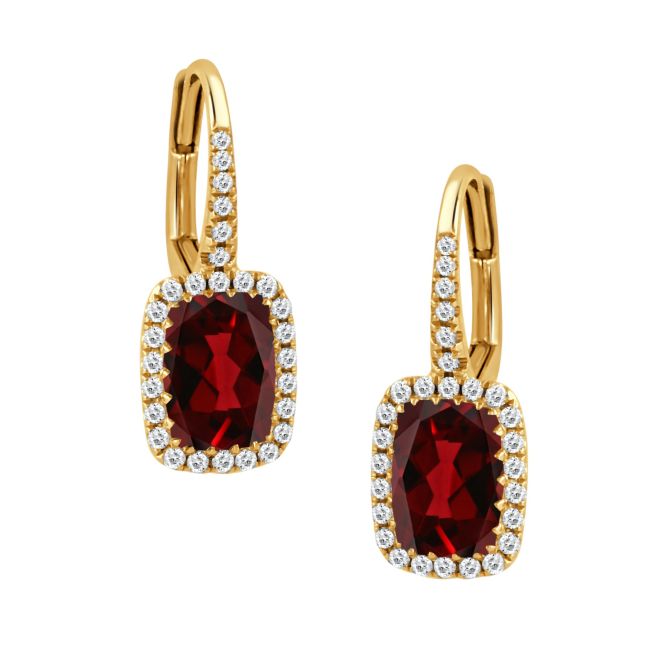 Doves Cushion Cut Garnet  Diamond Halo Leverback Drop Earrings in Yellow Gold