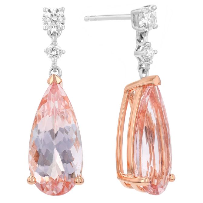 Pear Shape Morganite & Diamond Dangle Earrings in Rose & White Gold