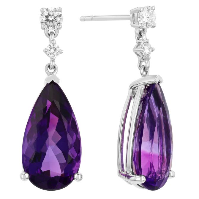 Pear Shape Amethyst & Diamond Dangle Earrings in White Gold