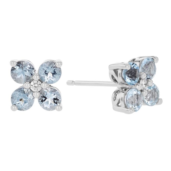 Aquamarine & Diamond 4 Petal Flower Stud Earrings in White Gold