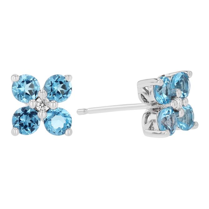 Blue Topaz & Diamond 4 Petal Flower Stud Earrings in White Gold