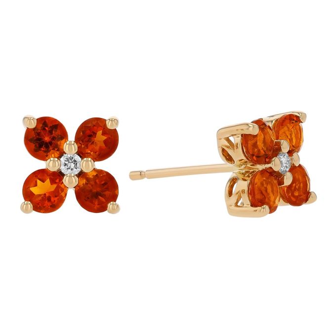 Citrine & Diamond 4 Petal Flower Stud Earrings in Yellow Gold