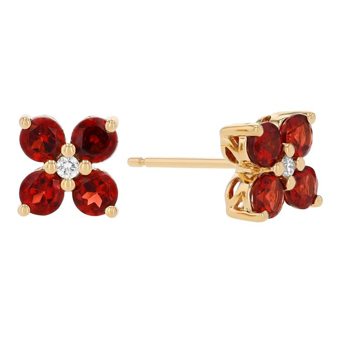 Garnet & Diamond 4 Petal Flower Stud Earrings in Yellow Gold