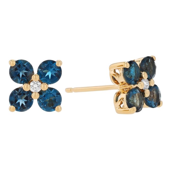 London Blue Topaz & Diamond 4 Petal Flower Stud Earrings in Yellow Gold