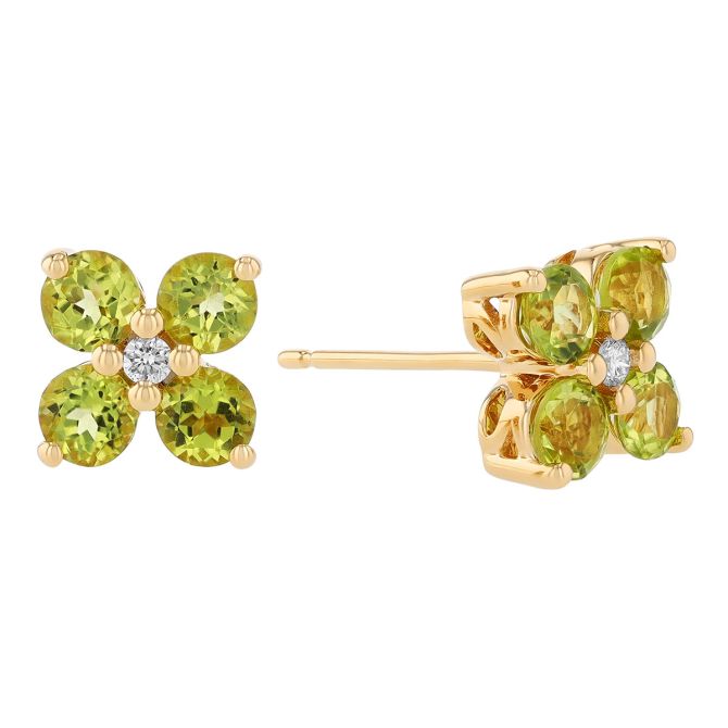 Peridot & Diamond 4 Petal Flower Stud Earrings in Yellow Gold