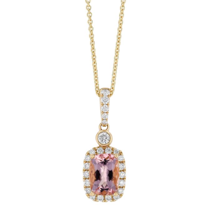 Cushion Cut Morganite & Diamond Halo Pendant in Rose Gold, 18"