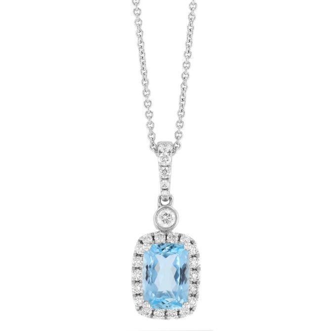 Cushion Cut Aquamarine & Diamond Halo Pendant in Rose Gold, 18"