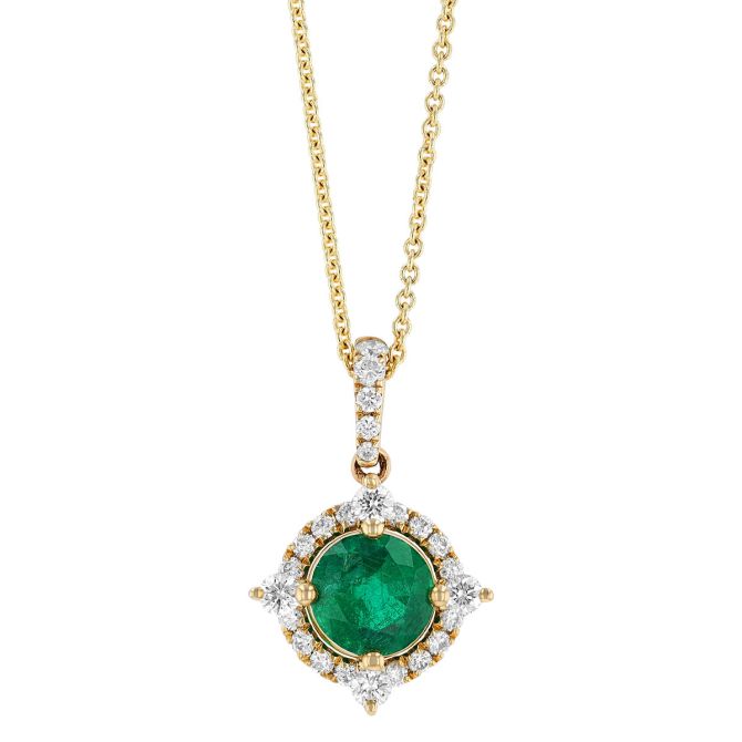 Round Emerald & Pointed Diamond Halo Pendant in Yellow Gold, 18"