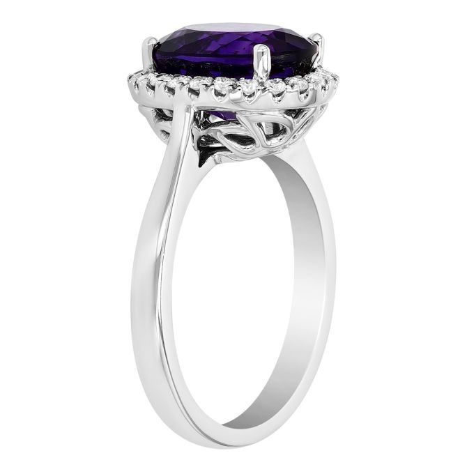 Oval Amethyst & Diamond Halo Ring in White Gold