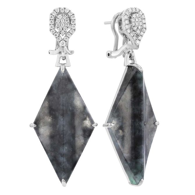 Frederic Sage Kite Shape Grey Stone & Diamond Dangle Earrings in White Gold