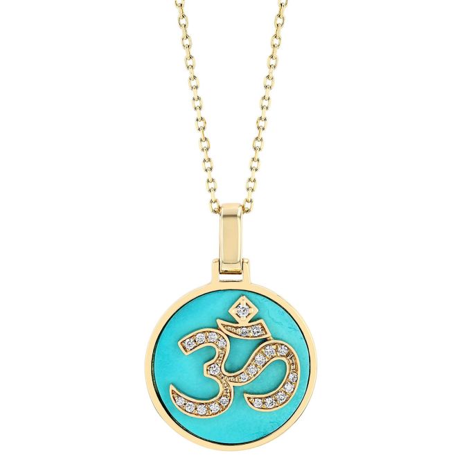 Frederic Sage Diamond Ohm & Turquoise Circle Pendant in Yellow Gold