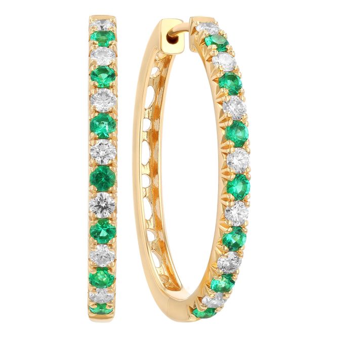 Emerald & Diamond Alternating Oval Hoop Earrings in Yellow Gold