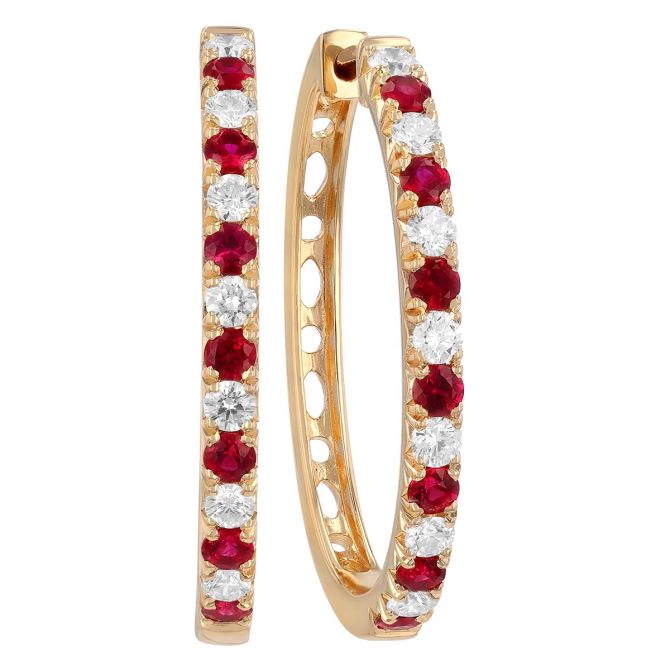 Ruby & Diamond Alternating Hoop Earrings in Yellow Gold