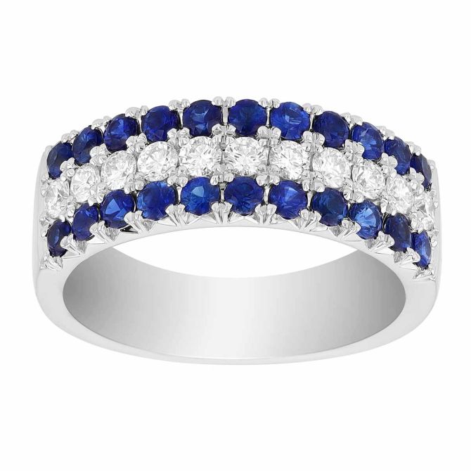 Sapphire & Diamond Pavé 3 Row Ring in White Gold