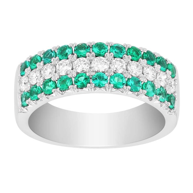 Emerald & Diamond Pavé 3 Row Ring in White Gold