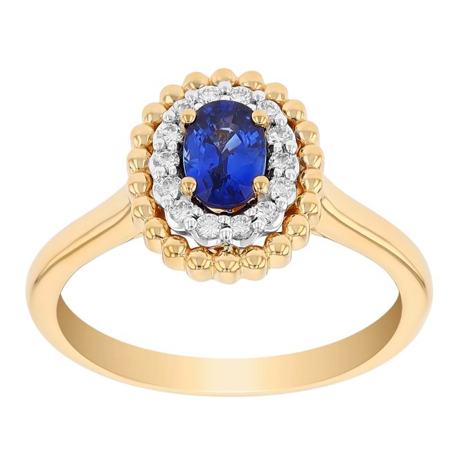 Oval Sapphire Ring with Diamond & Yellow Gold Bead Double Halo