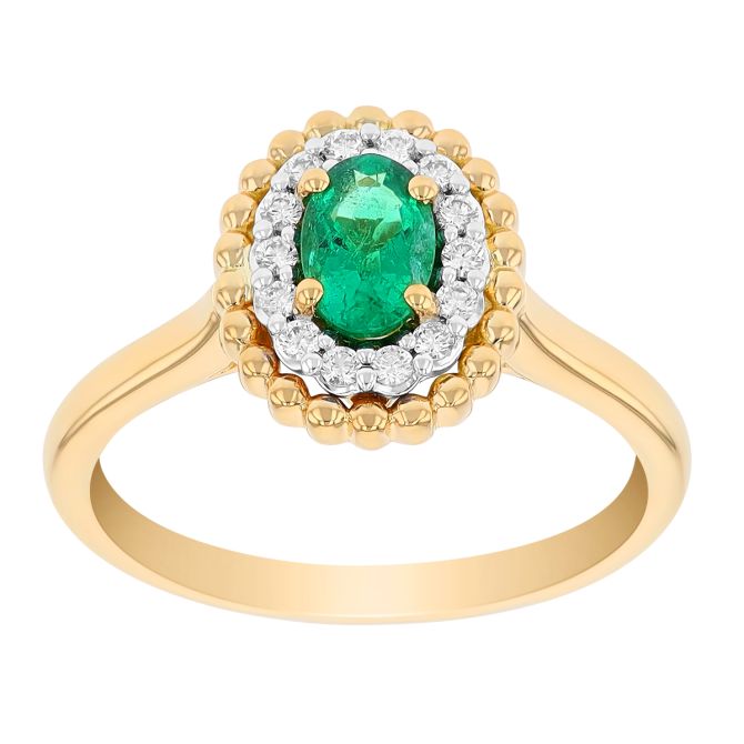 Oval Emerald Ring with Diamond & Yellow Gold Bead Double Halo