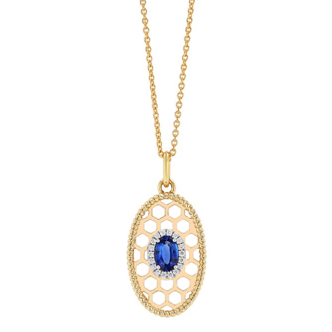 Oval Sapphire & Diamond Honeycomb Pendant in Yellow Gold