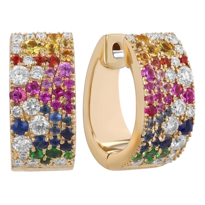 Mixed Gemstone & Diamond Pavé Wide Huggie Hoop Earrings in Yellow Gold