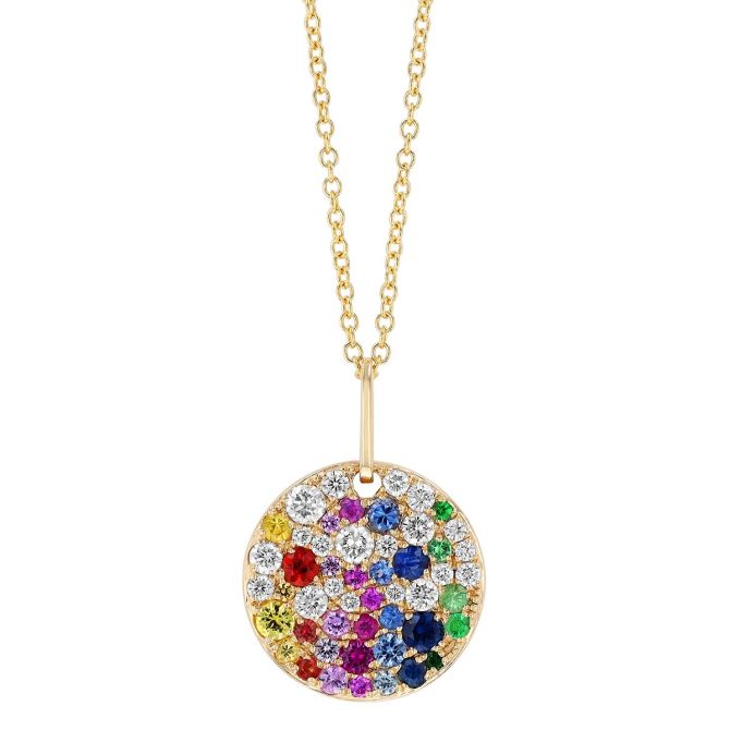 Multicolored Gemstone & Diamond Pavé Disc Pendant in Yellow Gold