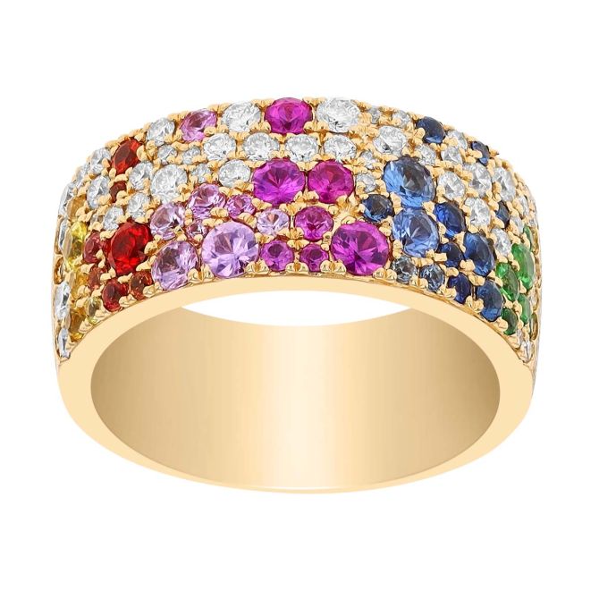 Mixed Gemstone & Diamond Pavé Wide Band Ring in Yellow Gold