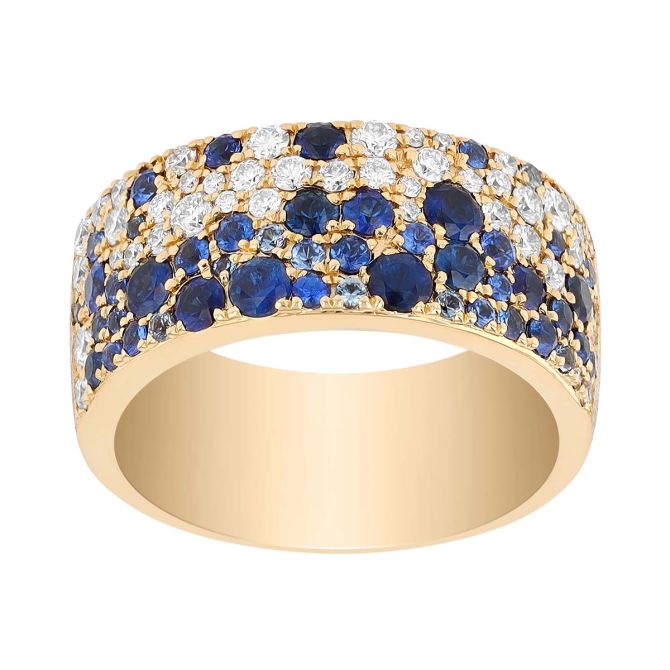 Sapphire & Diamond Pavé Wide Band Ring in Yellow Gold