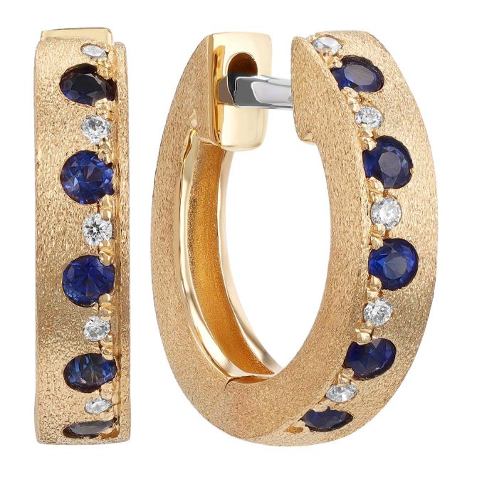 Sapphire & Diamond Alternating Huggie Hoop Earrings in Yellow Gold