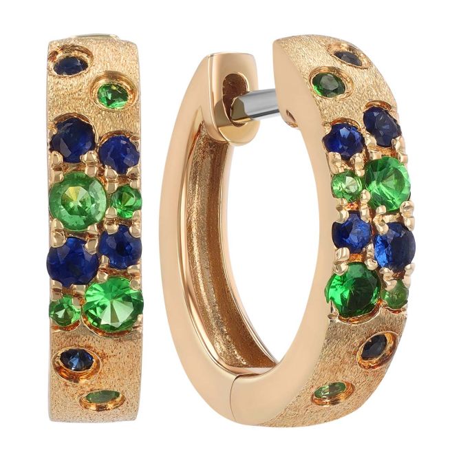 Flush Set Green & Blue Mixed Gemstone Scatter Huggie Hoop Earrings in Yellow Gold