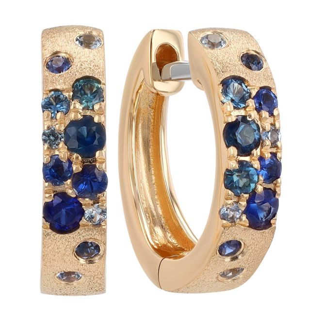 Flush Set Sapphire Scatter Huggie Hoop Earrings in Yellow Gold