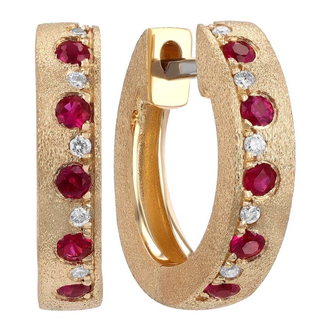 Ruby & Diamond Alternating Huggie Hoop Earrings in Yellow Gold