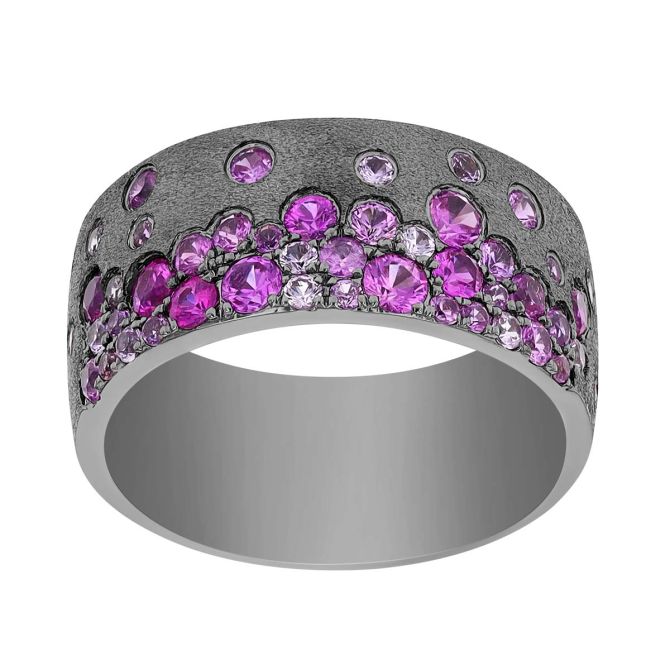 Flush Set Pink Mixed Gemstone Scatter Wide Band Ring in Black Rhodium