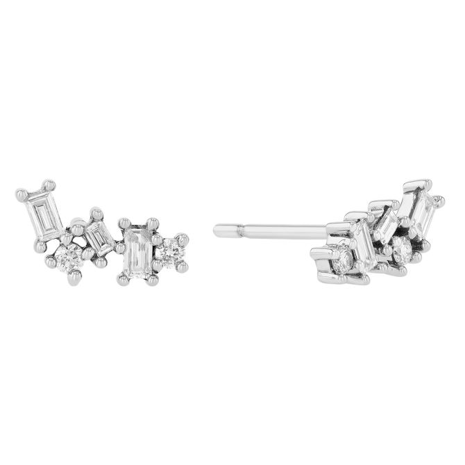 Round & Baguette Diamond Prong Set Cluster Stud Earrings in White Gold