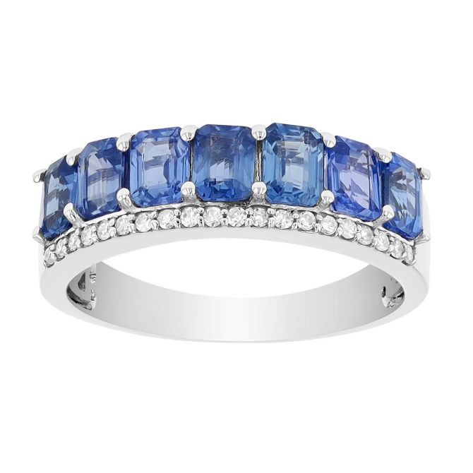 Emerald Cut Sapphire & Diamond 2 Row Ring in White Gold