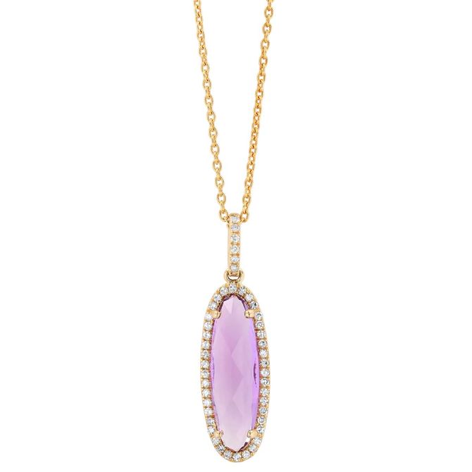 Elongated Oval Amethyst & Diamond Halo Pendant in Yellow Gold