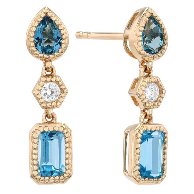 Mixed Shape Topaz & Diamond Dangle Earrings in Yellow Gold